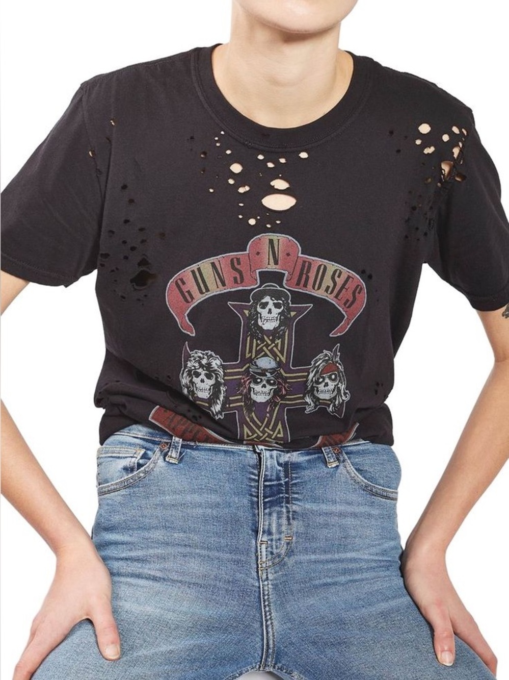And Finally... Guns N' Roses distressed Ripped Band Graphic Tee Black XS/S